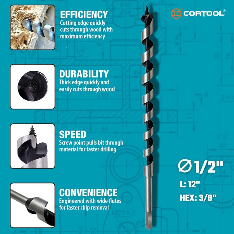 Cortool 1/2 x 12 Inch Auger Drill Bit for Wood for Soft and Hard Wood - Image 3